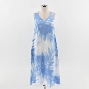J Jill Love Linen Midi Dress Size‎ XS ALine Breeze Abstract Palm Leaf Blue White